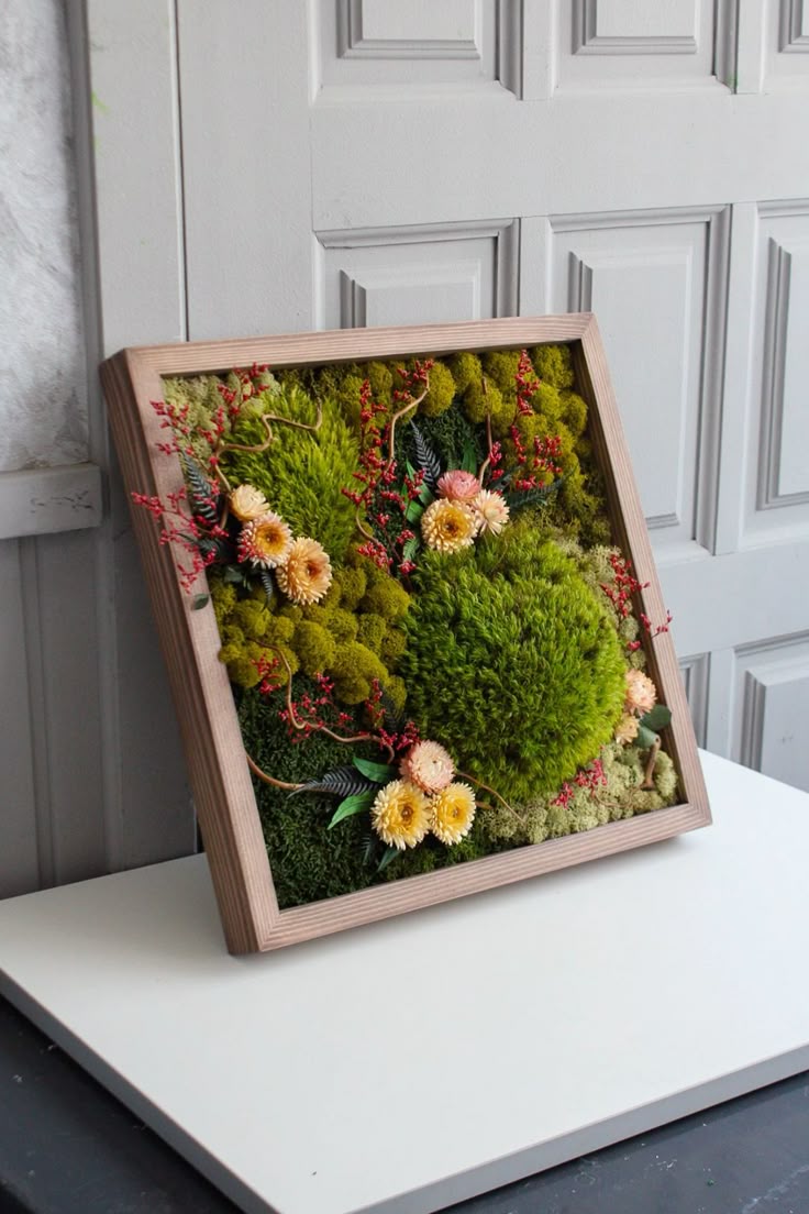 Cadre végétal Prairie, mousses et fleurs séchées, petit format carré