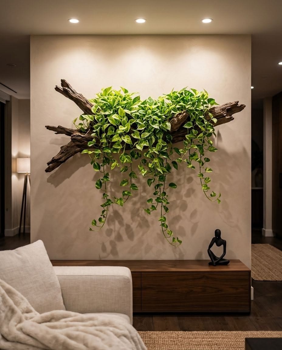 Branche naturelle fixée au mur, habillée de feuillages retombants