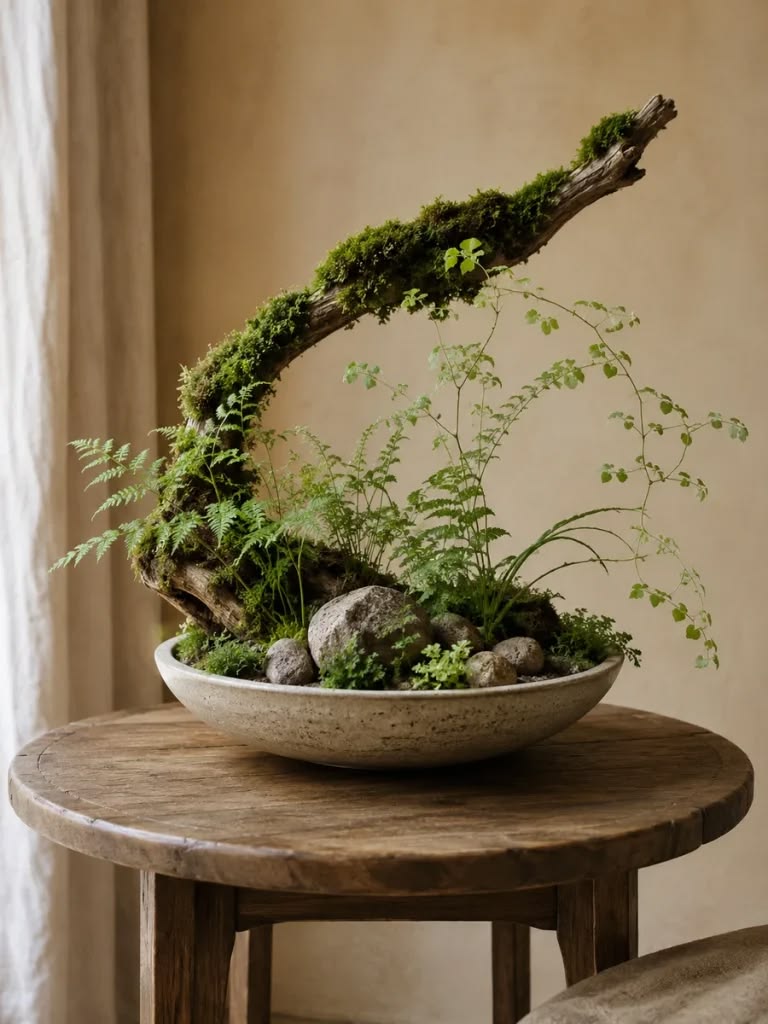Composition en coupe de pierre : bois, mousse, fougères et pierres