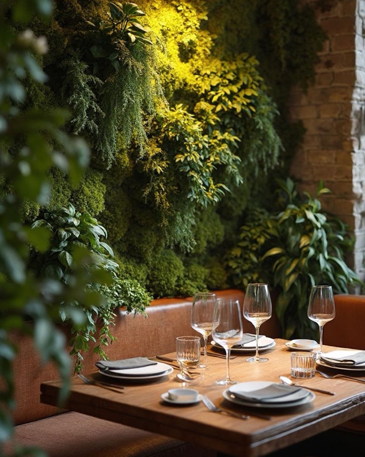 Table dressée devant un mur végétal éclairé, dans une salle de restaurant