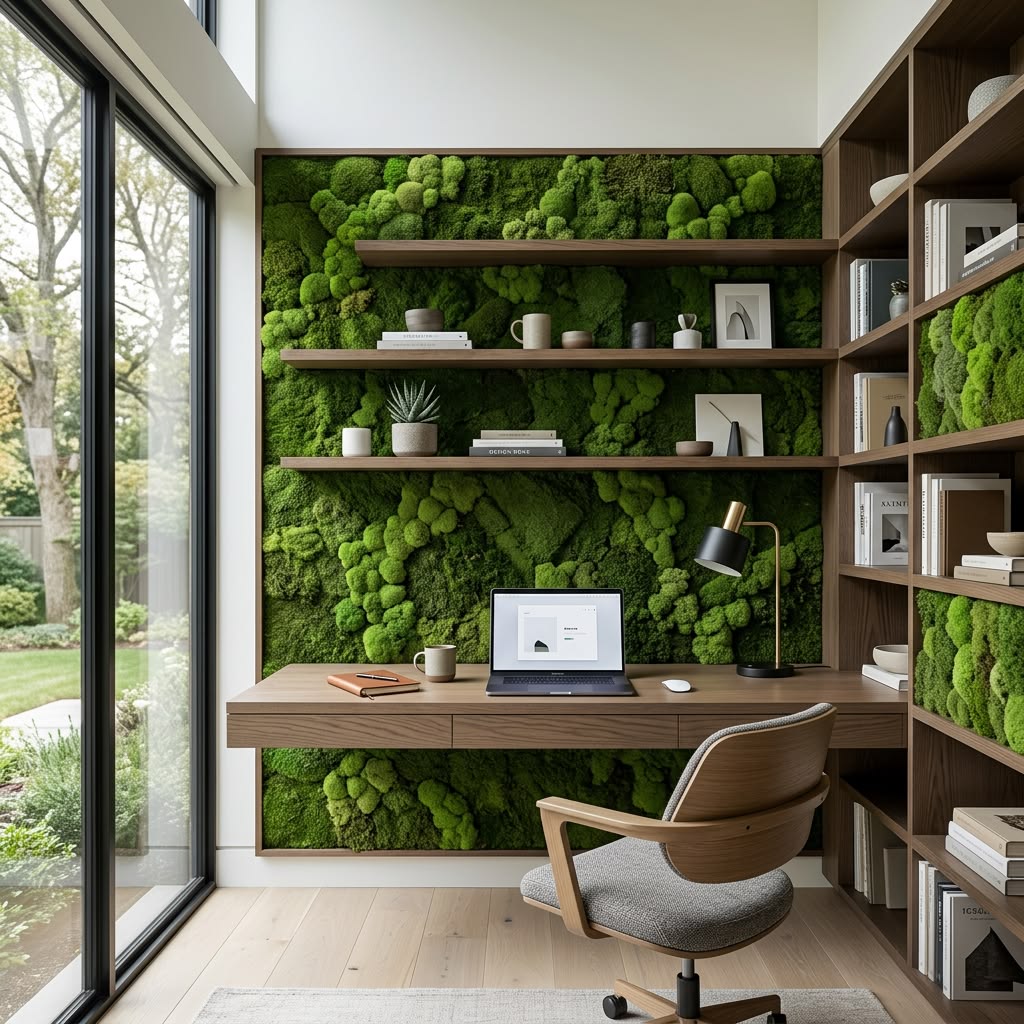 Mur de mousse avec étagères intégrées dans un bureau