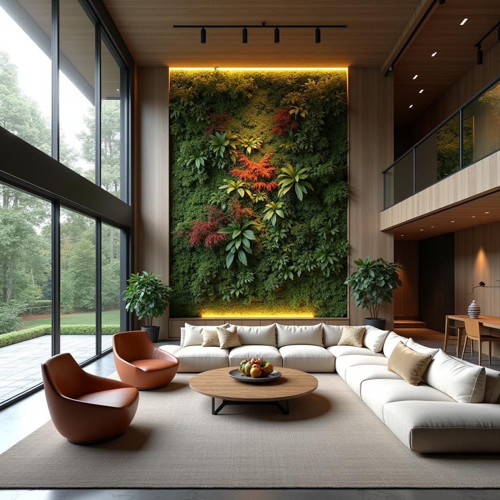 Mur végétal de grande dimension dans un séjour en double hauteur