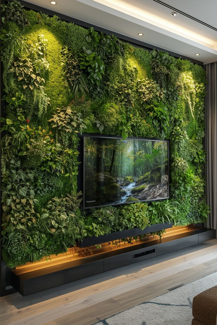 Mur végétal intégrant un écran de télévision